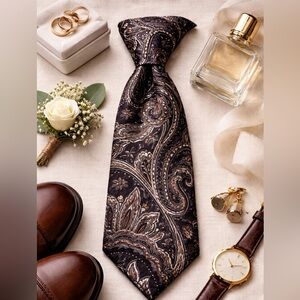 Geoffrey Beene Silk Paisley Tie Vintage Black Brown Mens Designer Necktie